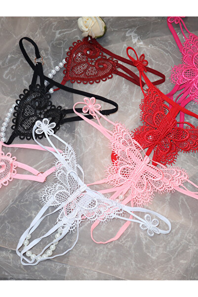 JInsh 7-pieces Sexy Lady Hollow Lace Embroidery Thong Heart And Butterfly Open Beaded Nightwear T-thong
