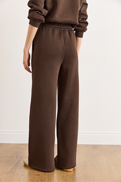 Olalook Women's Brown Waist Lace-Up Pocketed Wide Leg Fleece-Lined Thick Sweatpants Eşf-00000085