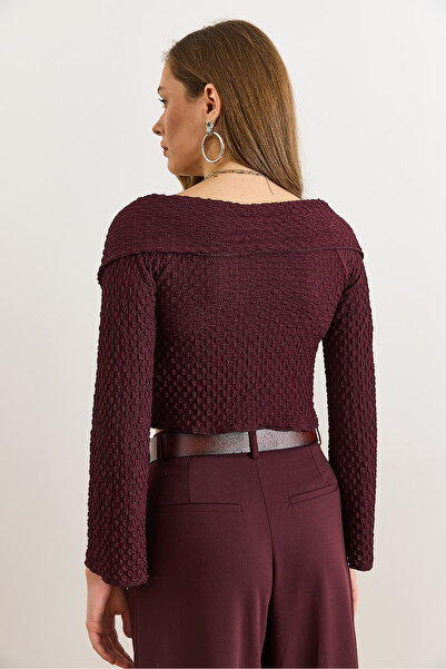 Olalook Women's Plum Textured Zippered Madonna Blouse Blz-19003172