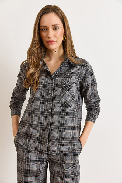 Olalook Women's Gray Pocket Plaid Boyfriend Winter Shirt Gml-19001401