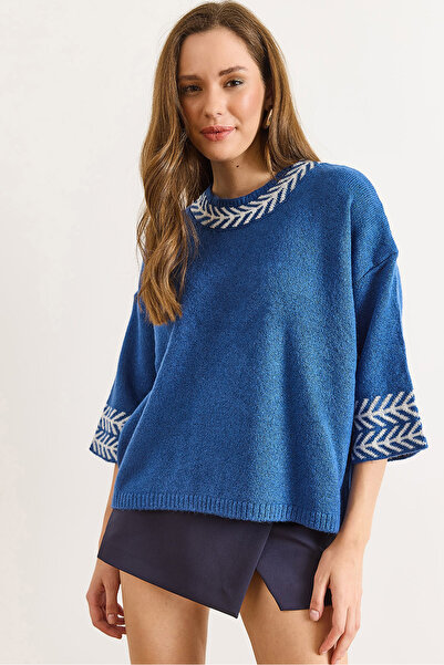 Olalook Pulover tricotat trei sferturi cu maneci cu manșete albastre pentru femei KZK-19000975