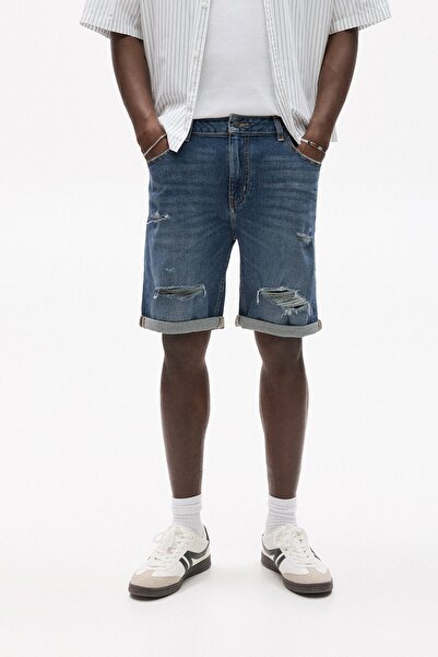 Pull & Bear Yırtık detaylı slim fit denim bermuda