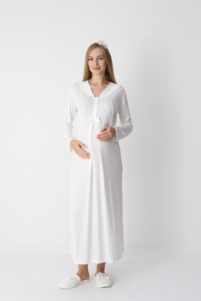 ERDENİZ TEKSTİL Striped Dressing Gown, Long Sleeve Maternity Nightgown Set of 2