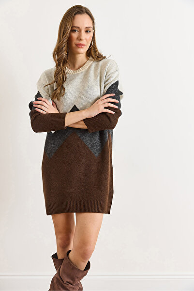 Olalook Women's Brown Geometric Patterned Knitwear Tunic Dress Elb-19002568