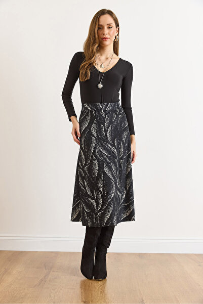 Olalook Women's Leaf Black Elastic Waist Suede Textured Bell Skirt Etk-19000141