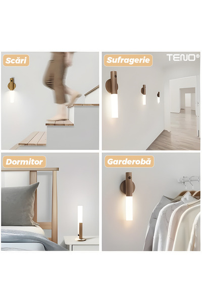 Teno ® Lampă de perete LED cu senzor, detașabilă, suport magnetic, rază largă de detecție, finisaj lemn