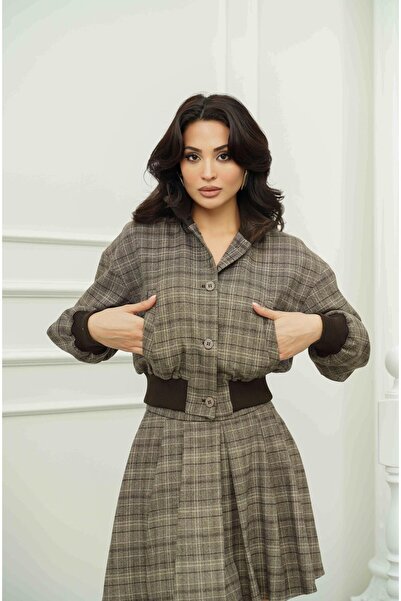 Serica Moda Brown Plaid Elastic Waist Jacket Skirt Set