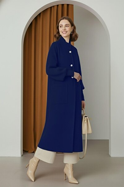 Puane Women's Button Detailed Snap Coat - 15231Kbn - Navy