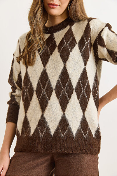 Olalook Women's Brown Baklava Pattern Fleece-Lined Thick Knitwear Sweater Kzk-19001075