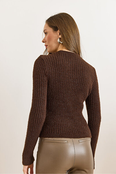 Olalook Women's Brown Glitter Soft Textured Crop Beard Sweater Kzk-19001078