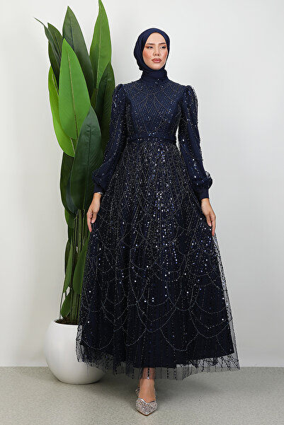 Lamia Giyim Kol Ucu Saten Abiye Lacivert