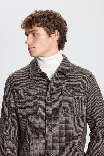 ALTINYILDIZ CLASSICS Кавово-бежева вовняна сорочка Comfort Fit з зручним кроєм, коміром з візерунком, зимовий піджак