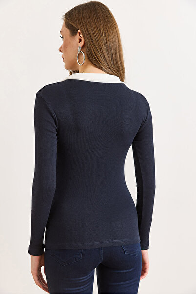 Olalook Women's Navy Blue White Color Block Polo Neck Cotton Stretchy Blouse Blz-19003104