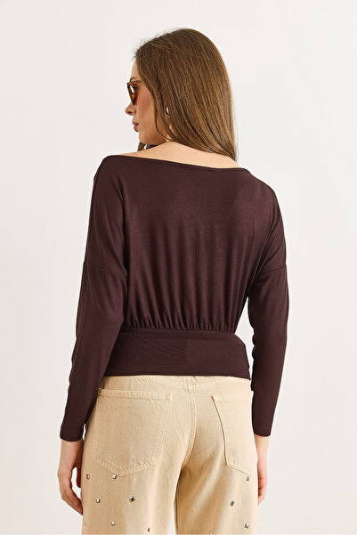 Olalook Women's Brown Waistband Batwing Soft Textured Blouse Blz-19003171