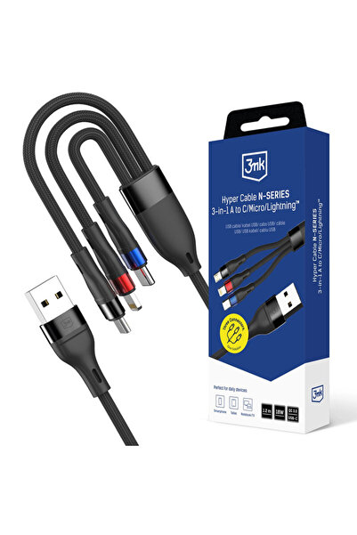 3MK 3in1 Data Cable USB, Type-C, iOS (Lightning), Micro Hyper N, black, 18W, 1.2m