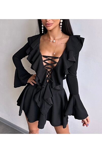 Elia Swimwear Rochie Dama Baby Doll Cu Maneci Bufante Si Volane Neagra Francia