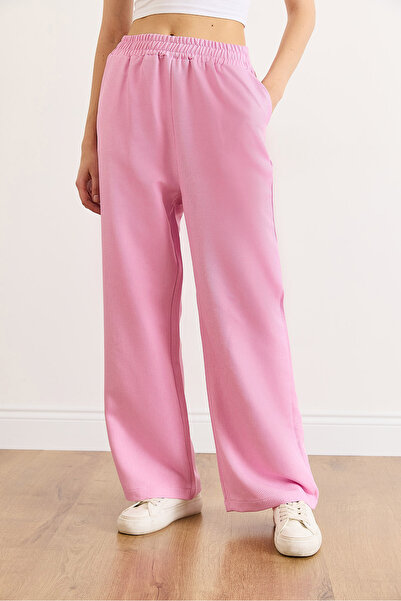 Olalook Women's Candy Pink Waistband Pocketed Wool Effect Wide Leg Winter Trousers Pnt-19000383