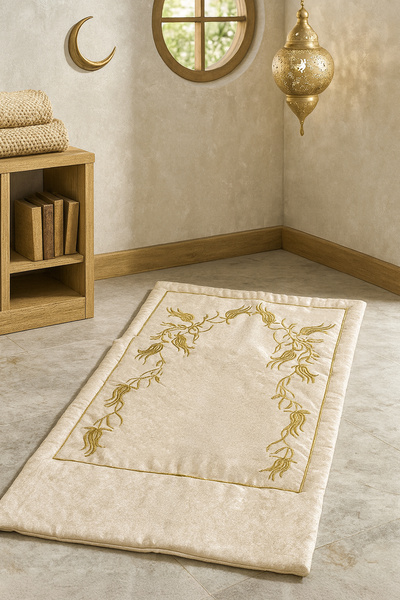 Bonny Home سجادة صلاة مخملية مطرزة باللون البيج من سحراء، مع إسفنجة ناعمة، هدية فاخرة للعروس