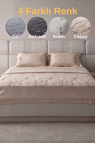 BUGİ HOME COLLECTİON Willow Breeze Desen Çift Kişilik Nakışlı Yatak Örtüsü Seti Şönil Kumaş Punch Nakışlı 240x260cm