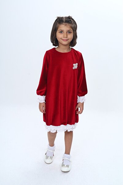 Toontoy Girl's Velvet Ruffle Detailed Dress