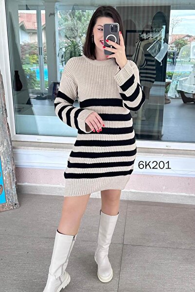 İnce Topuk Çizgili Triko Elbise 6k201