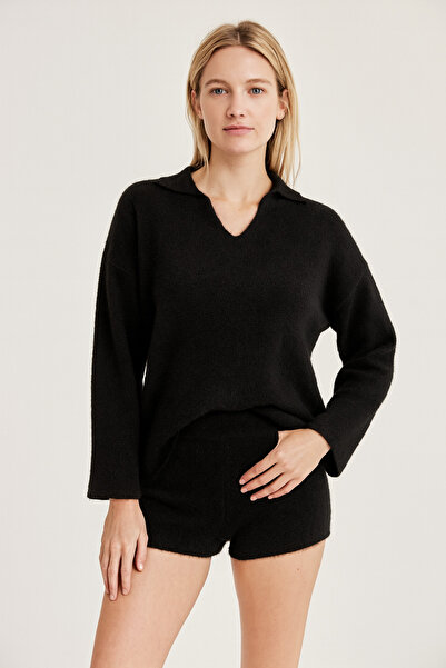 Minora Minoralady Women's Black Polo Neck, Soft Textured Bearded Home-Outwear Knitwear Set