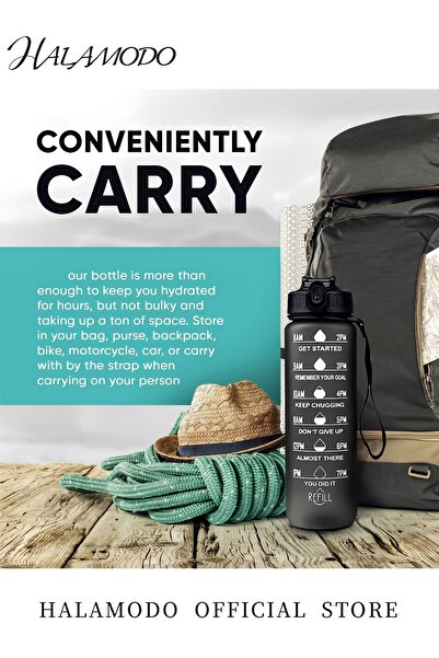 HALAMODO Water Bottle with Time Marker & Straw Water Bottle with Carrying Strap Leakproof BPA