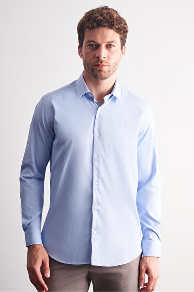 İmza Blue - White Hard Collar Striped Pattern Long Sleeve Slim Fit Stretchy Shirt 1004255176