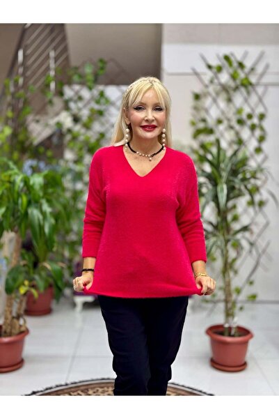 Punta Otantik Yg24029 Italian V-Neck Plush Angora Sweater Pomegranate Flower