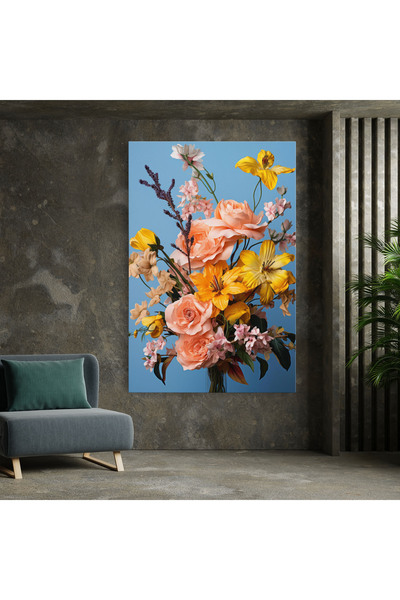 Arthub Canvas Painting, Bedroom And Living Room, Flowers, Flower Mix On Blue