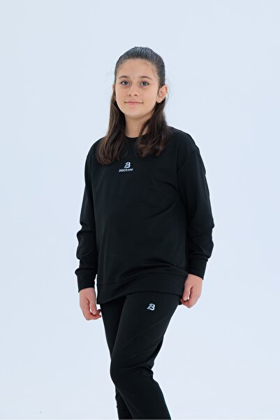 Black One Girl's Striped Detail Casual Sweat and Leggings Sports Set