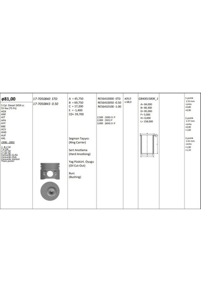 KING PISTONS Vag Piston+segman (81,51mm 0,50 3 / 4 / 5 Pistonlar) Lt28 Lt35 Lt46 T4 2,5tdi Acv Agx Ahd Ahy Ajt An