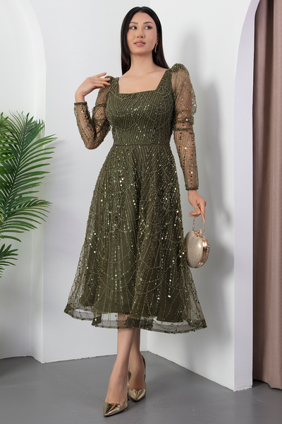 PULLIMM Square Neckline Long Sleeve Beaded Tulle Dress 41112