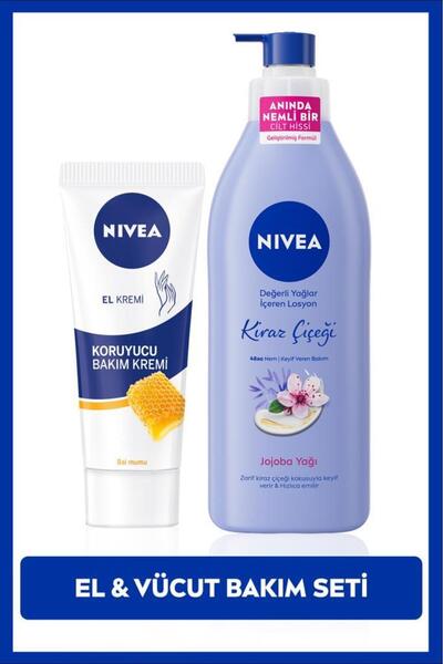 NIVEA Nemlendirici Kiraz Çiçeği Vücut Losyonu 400ml ve Koruyucu Balmumu El Ba...