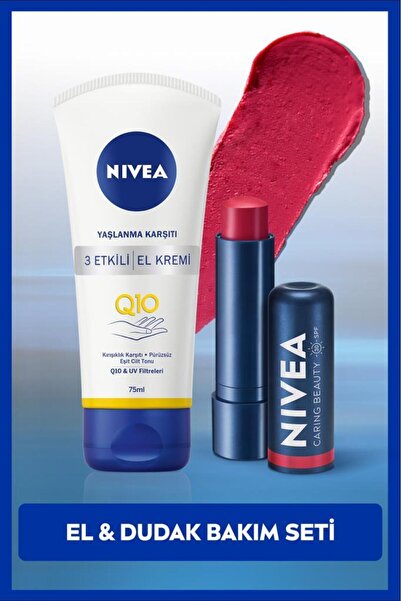 NIVEA Kırmızı Renkli Nemlendirici Dudak Bakım Kremi ve Q10 Kırışıklık Yaşlanma Karşıtı El Bakım Kremi 75ml