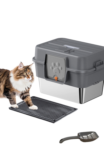 KidLe Enclosed Stainless Steel Cat Litter Box with Lid for Big & Multiple Cats