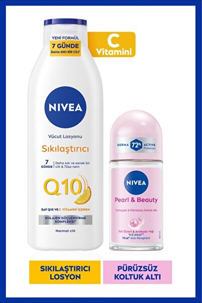 NIVEA Q10 Sıkılaştırıcı Vücut Bakım Losyonu 250ml ve Kadın Roll-on Deodorant Pearl&Beauty 50ml