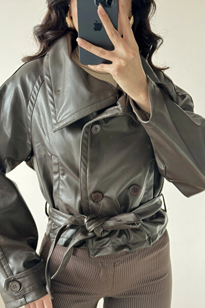 Eka Jachetă din piele subțire cu nasturi maro pentru femei 0999-8505