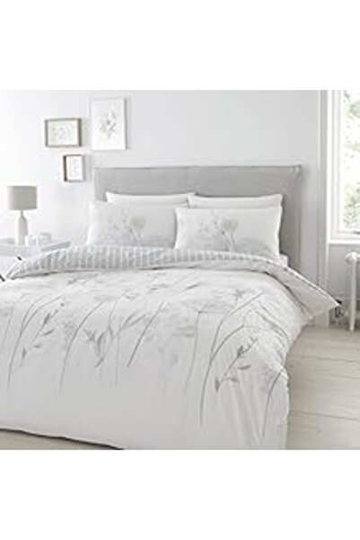Catherine Lansfield Single Duvet Cover Set with Pillowcase, White/Grey, Cotto...