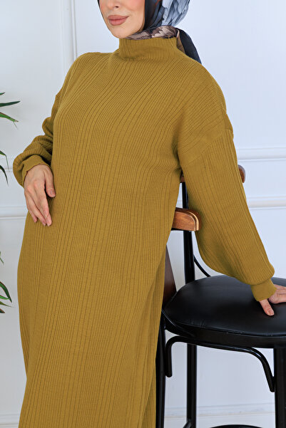 benguen κοτλέ Πλεκτό Φόρεμα N7080 Λαδί Πράσινο