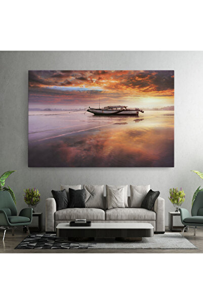 Arthub Canvas Painting, Bedroom And Living Room, Landscapes, Beauty Boat Sunrise
