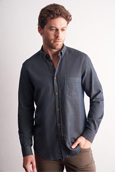 İmza Navy Blue - Brown Long Sleeve Button down Collar Self Patterned 100% Cotton Slim Fit Shirt 1004255199