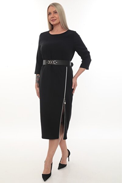 etselements Μίντι μαύρο φόρεμα με λεπτομέρεια με φερμουάρ και ζώνη