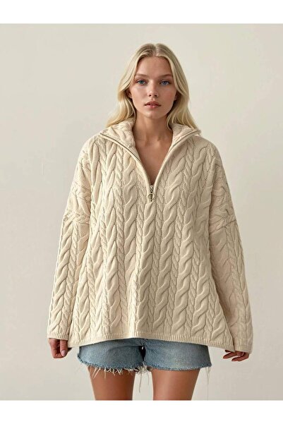 Coral Half Zipper High Neck Hair Knit Sweater 5031 Cream