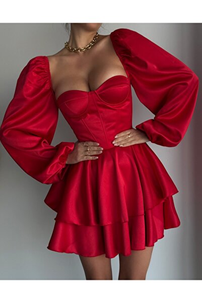 Elia Swimwear Mini Corset Baby Doll Dress With Puff Sleeves Satin Rosie Chantal