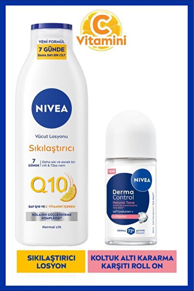NIVEA Q10 Sıkılaştırıcı Vücut Losyonu 250ml ve Kadın Roll-on Deodorant Derma Control Natural Tone 50ml