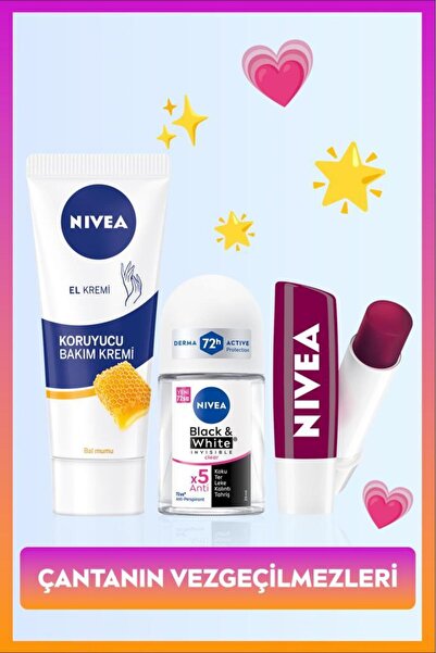 NIVEA Kadın Roll-on Deodorant Black&White Invisible Clear 25ml, El Kremi ve Böğürtlen Renkli Dudak Kremi