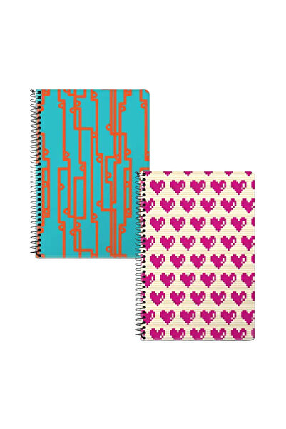 Stylizedd (عبوة من قطعتين) دفتر ملاحظات حلزوني A5 - أحجية الأنابيب، قلوب البكسل