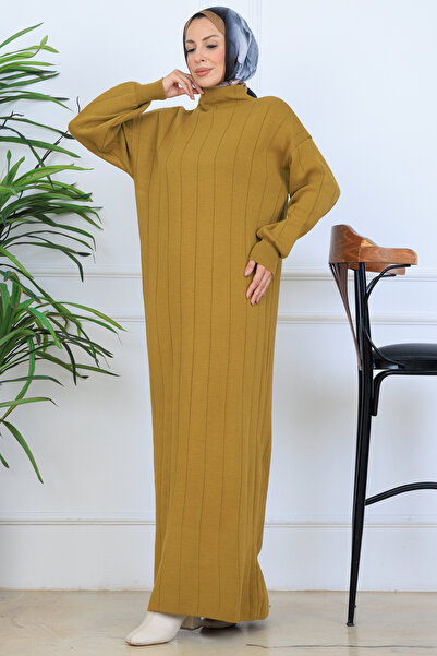 benguen κοτλέ Πλεκτό Φόρεμα N7085 Λαδί Πράσινο