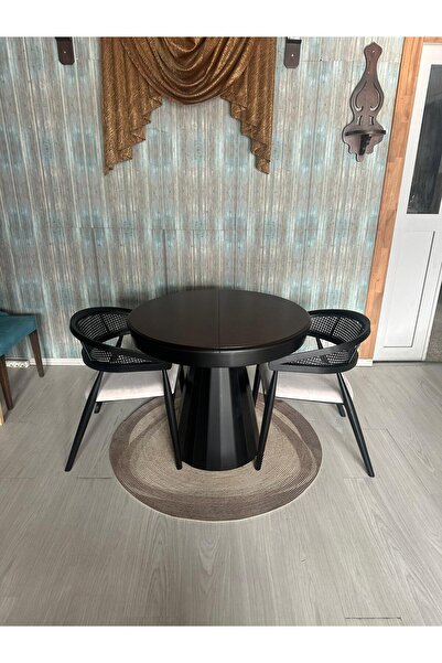 Meser Mobilya NAHİTA YUVARLAK SİYAH MDF AÇILIR MUTFAK MASASI / GAZEL HASIRLI ...